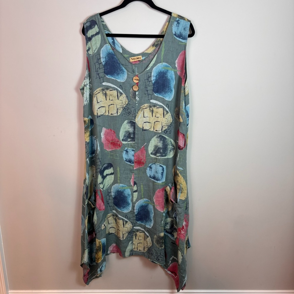 Tera Bora Italian Linen Hankerchief Hem Lagenlook Artsy Blue Abstract Dress OSFM